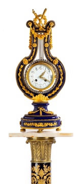 Late 19th Century French Sevres Style Porcelain & Jewelled Lyre Clock, with Sevres Style Neoclassical Onyx Pedestal