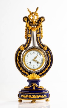Late 19th Century French Sevres Style Porcelain & Jewelled Lyre Clock, with Sevres Style Neoclassical Onyx Pedestal