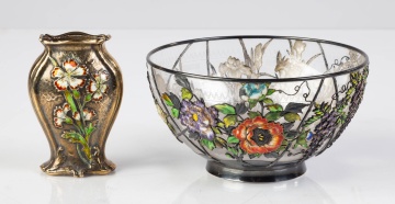 Sterling Silver Vase & Bowl With Enameled Overlay
