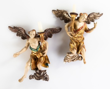 Early Carved & Polychome Painted Angel  Candleholders