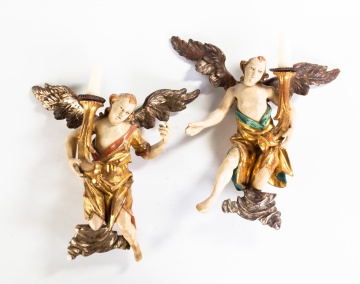 Early Carved & Polychome Painted Angel  Candleholders