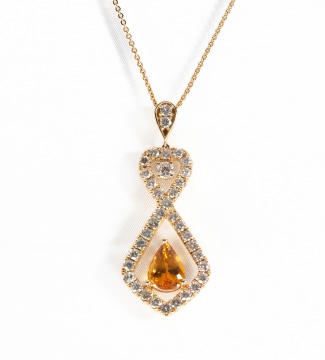 7.53 CT Imperial Topaz, 14K Gold and Diamond Necklace