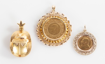 (3) Gold Pendants, Turkish Ziynet, South African Krugerrand, and Egyptian Revival Scarab