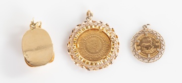 (3) Gold Pendants, Turkish Ziynet, South African Krugerrand, and Egyptian Revival Scarab