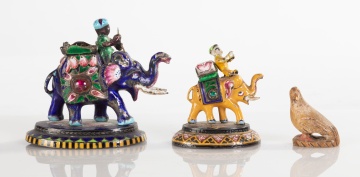 (2) Indian, Enameled Gold and Silvered Figures of  Elephants and Carved Bird