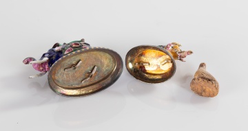 (2) Indian, Enameled Gold and Silvered Figures of  Elephants and Carved Bird