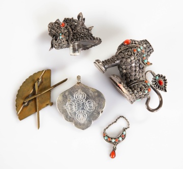 Tibetan Silver Filigree Foo Dog, Pendant, and  Asian Bronze Fan
