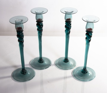 (4) Steuben Pale Blue Twisted Stem Candlesticks