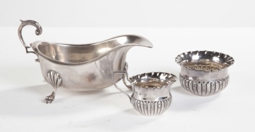 English Georgian Sterling Silver Gravy Boat, Cream and Sugar Bowl