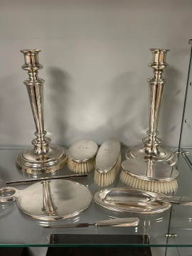 Matthew Boulton Sheffield Plate Candlesticks & Tiffany & Co. Dresser Set