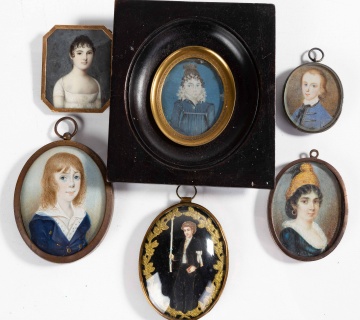 Five miniature paintings and one pendant in shadow  box.