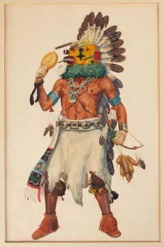 Watercolor Owagaroro Katsina, Attributed to Raymond Poseyesva (Hopi)