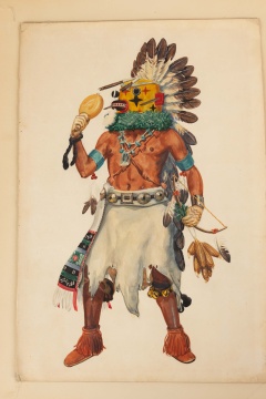 Watercolor Owagaroro Katsina, Attributed to Raymond Poseyesva (Hopi)