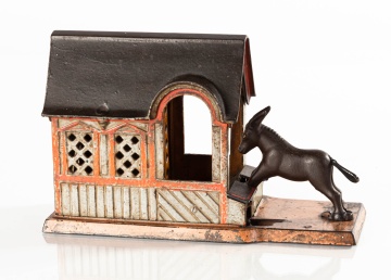 Cast Iron Mule and Barn Mechanical Bank