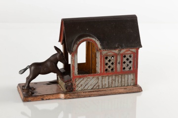 Cast Iron Mule and Barn Mechanical Bank