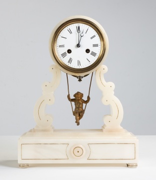19th Century French Alabaster 'Cherub on a Swing'  Mantle Clock