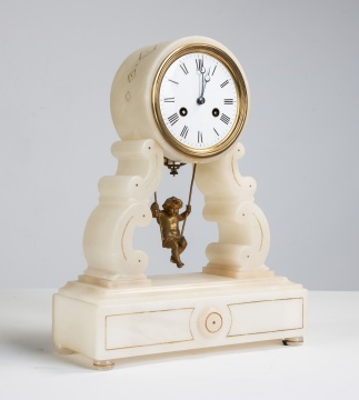19th Century French Alabaster 'Cherub on a Swing'  Mantle Clock