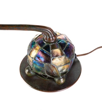 Rare Tiffany Studios Turtleback Lamp with Jeweled Top and Pulled Feather Shade