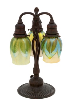 Tiffany Studios Newel Post Lamp with Pulled Feather Shades