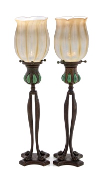 (2) Tiffany Studios Cat's Paw Candlesticks with Opalescent Shades