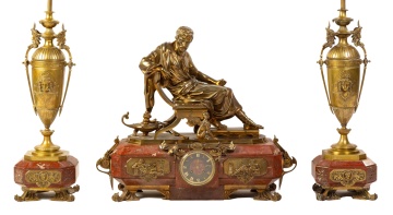 French Aubert Gilt Bronze and Jasper Garniture Mantle Clock and Lamps
