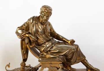 French Aubert Gilt Bronze and Jasper Garniture Mantle Clock and Lamps