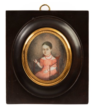 Early 19th Century American Portrait Miniature of Young Girl in Red Dress