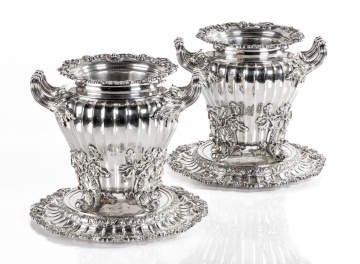 Pair of Fine and Rare George III Silver Wine Coolers, Liners and Stands, Mark of Paul Storr, London, 1819