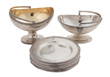 Gorham Etruscan Silver Basket & Plates with Associated Greek Key Basket