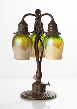 Tiffany Studios Newel Post Lamp with Pulled Feather Shades