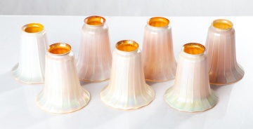 Seven Quezal Aurene on Calcite Ribbed Art Glass Shades