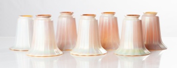 Seven Quezal Aurene on Calcite Ribbed Art Glass Shades