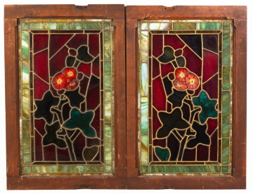 (2) Leaded Glass Red Poppy Cased Windows