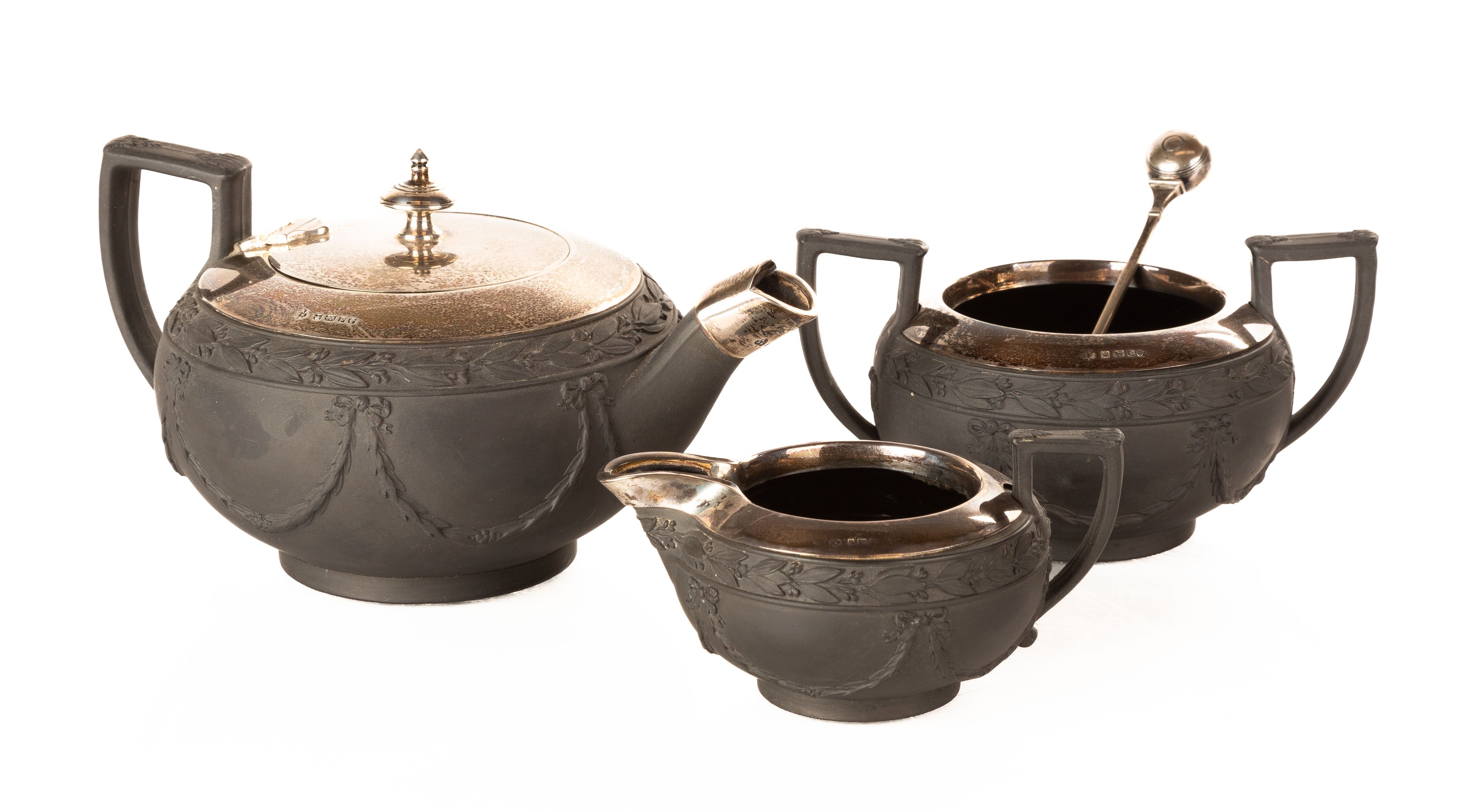 Wedgwood Black Basalt & Sterling Silver Tea Set Cottone Auctions