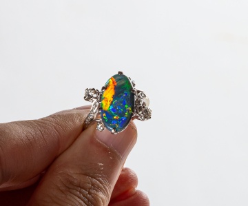 14K Gold Black Opal and Diamond Ring