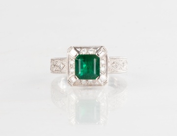 Very Fine 1.20 ct Emerald and Diamond Ring in 14K White Gold