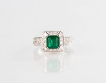 Very Fine 1.20 ct Emerald and Diamond Ring in 14K White Gold