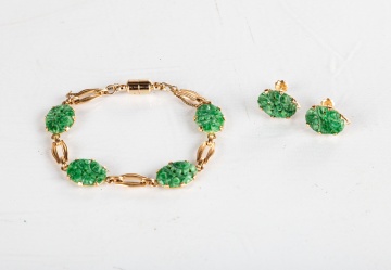 14K Yellow Gold and Jade Vintage Bracelet with Matching 14K Yellow Gold Earrings