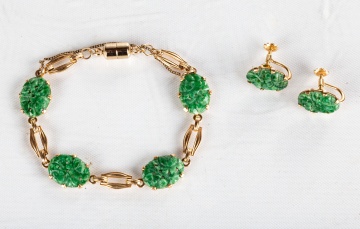 14K Yellow Gold and Jade Vintage Bracelet with Matching 14K Yellow Gold Earrings