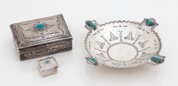 Southwest Native American Sterling Silver Boxes and Tray with Inset Turquoise
