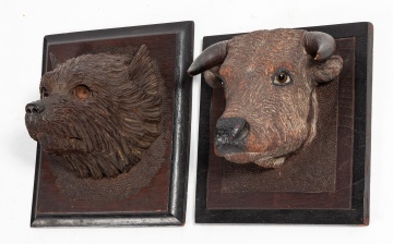 (2) Henry Leach (American, 1809-1885) Folk Carving Cow Head and Wolf Head