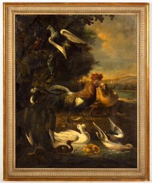 Continental Painting of Birds, Roosters and Ducks