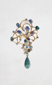 Ladies Art Nouveau 18K Gold Australian Opal & Diamond Brooch