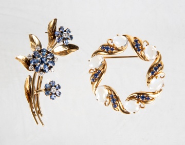 Ladies 14K Gold, Sapphire, Diamond, & Moonstone  Brooches