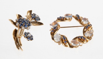 Ladies 14K Gold, Sapphire, Diamond, & Moonstone  Brooches