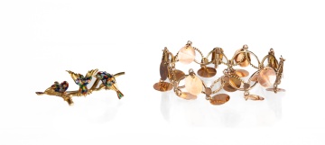 Ladies Italian Gold & Enamel Bird Brooch and Rose  Gold Bracelet