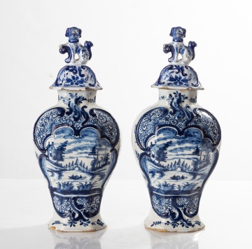 Pair of 18th Century Delft Covered Urns
