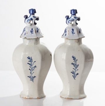 Pair of 18th Century Delft Covered Urns