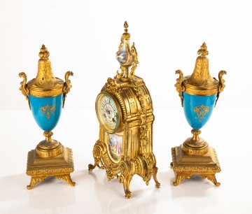 19th Century French Sevres Style Mantle Clock with  Associated Garniture