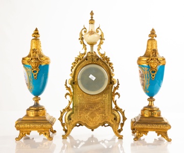 19th Century French Sevres Style Mantle Clock with  Associated Garniture